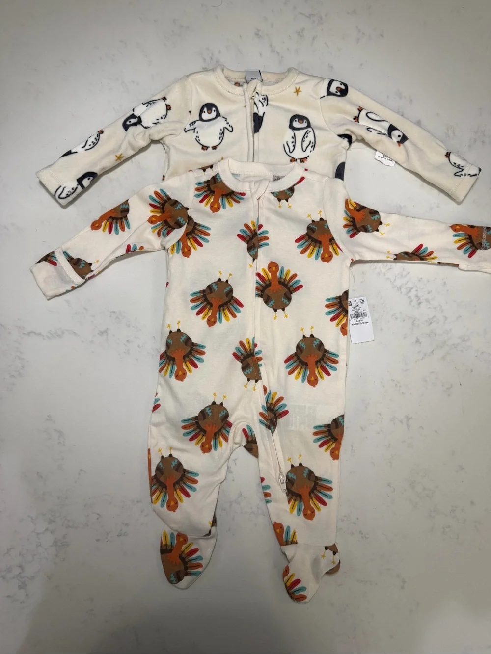 Old Navy Cream Footed One-Piece with Colorful Turkey Motif bundle of two pieces.